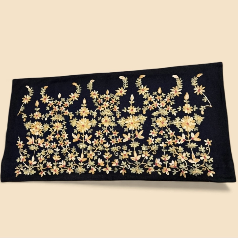 Wool Floral Embroidered Lumbar Pillow Cover With Solid Black Reverse - Picture 7 of 7